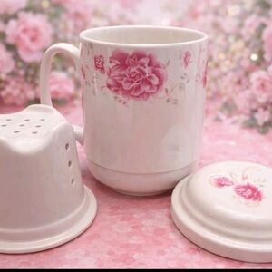 Floral Pink and White Ceramic Mug with Lid